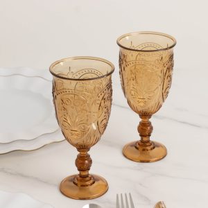 24-Pack Plastic Vintage Goblets – 10oz Amber Gold Retro Embossed Wine Glasses, Elegant Water & Juice Cups
